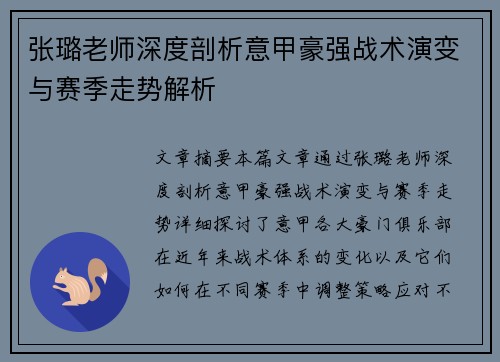 张璐老师深度剖析意甲豪强战术演变与赛季走势解析